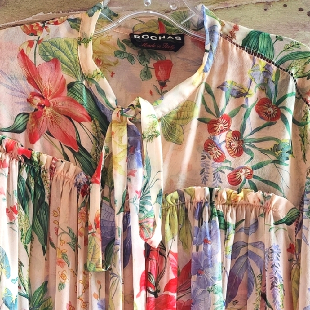 ROCHAS Gorgeous Silk ITALY Flowers Tie Bow Neck Luxury LS Sheer Blouse EUC LN 40 - Picture 6 of 16